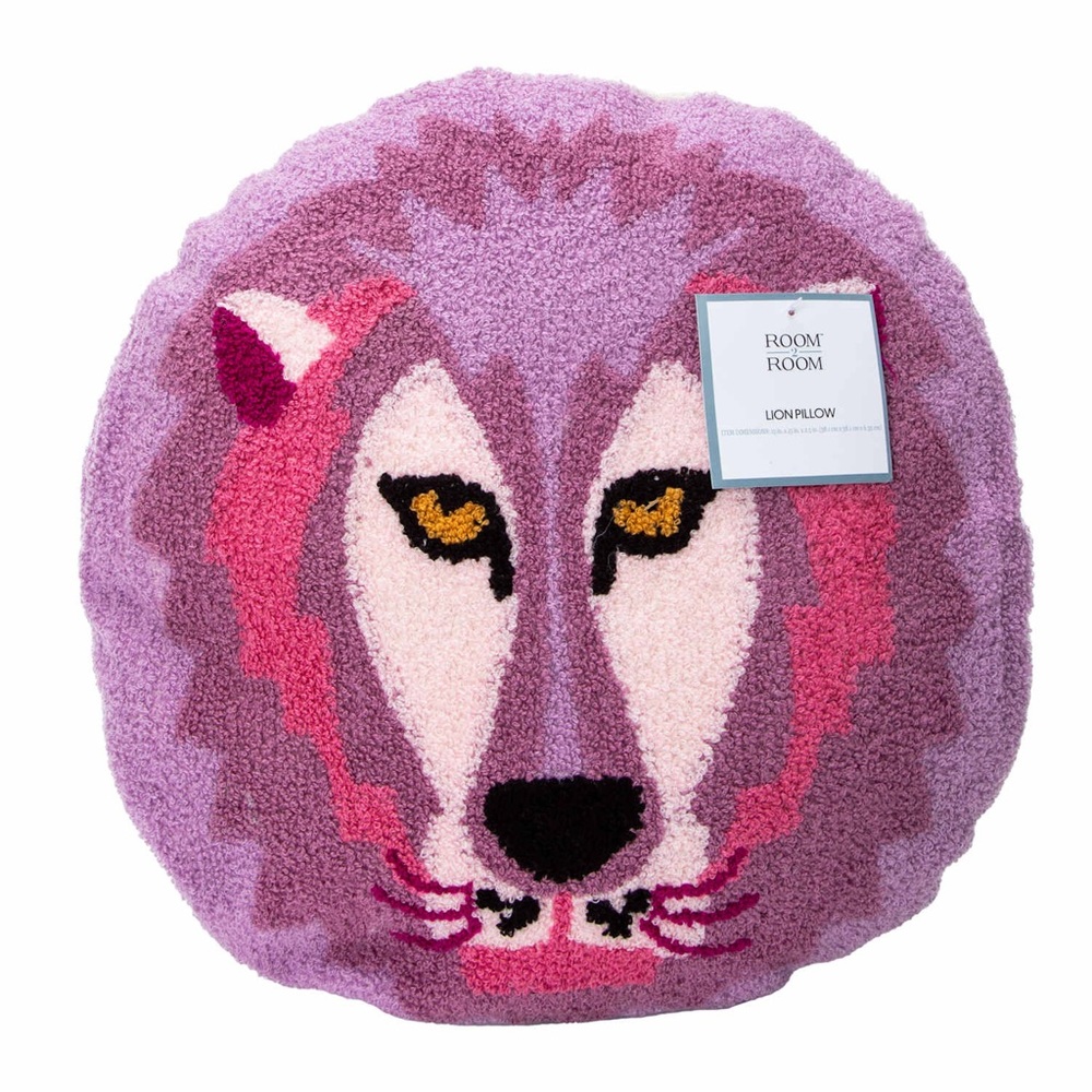 NWT Lion Face Embroidered Pink Purple Round Decorative Pillow 15x15” Tik Tok - Picture 2 of 4